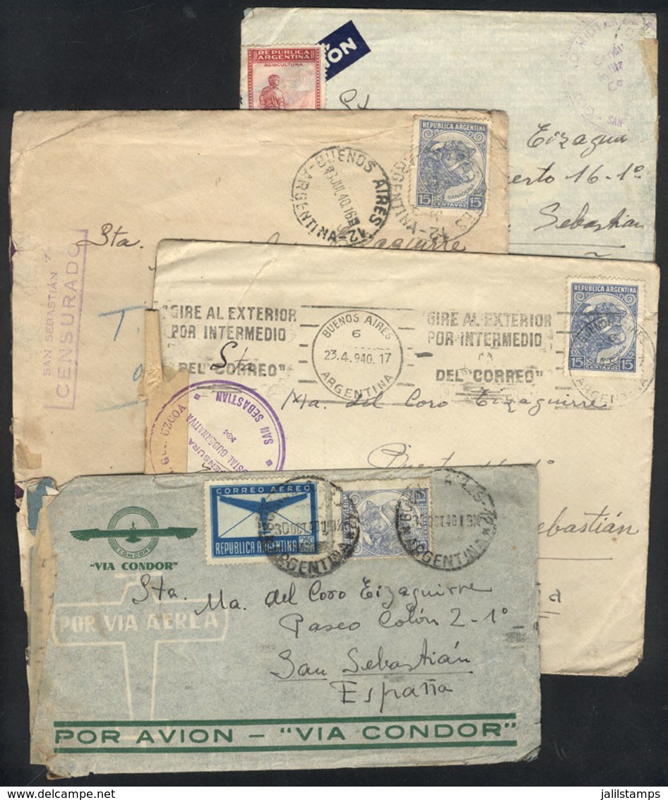 SPAIN: 4 Covers Sent From Argentina To San Sebastián In 1940, All With CENSOR Marks Applied On Arrival, Interesting! - Cartas & Documentos