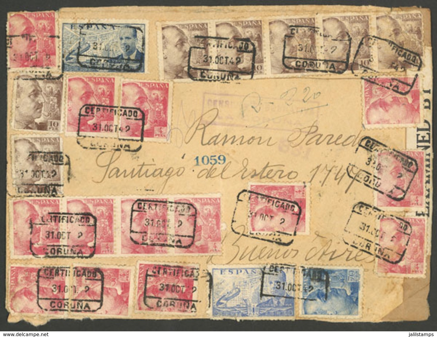 SPAIN: Front Of A Registered Cover Sent From Coruña To Buenos Aires On 31/OC/1942, With Fantastic Postage Of 131.70Ptas. - Lettres & Documents