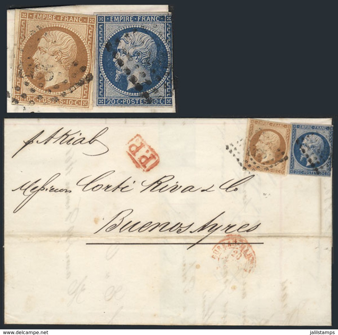 FRANCE: "19/FE/1861 LE HAVRE - Buenos Aires: Entire Letter Franked With 10c. + 20c. Napoleon Imperforate, Cancelled By N - Autres & Non Classés