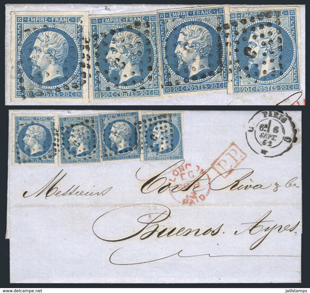 FRANCE: "6/SEP/1862 PARIS - Buenos Aires: Folded Cover Franked By Yvert 14B X4 (the Left Stamp With VARIETY: Top Right A - Otros & Sin Clasificación