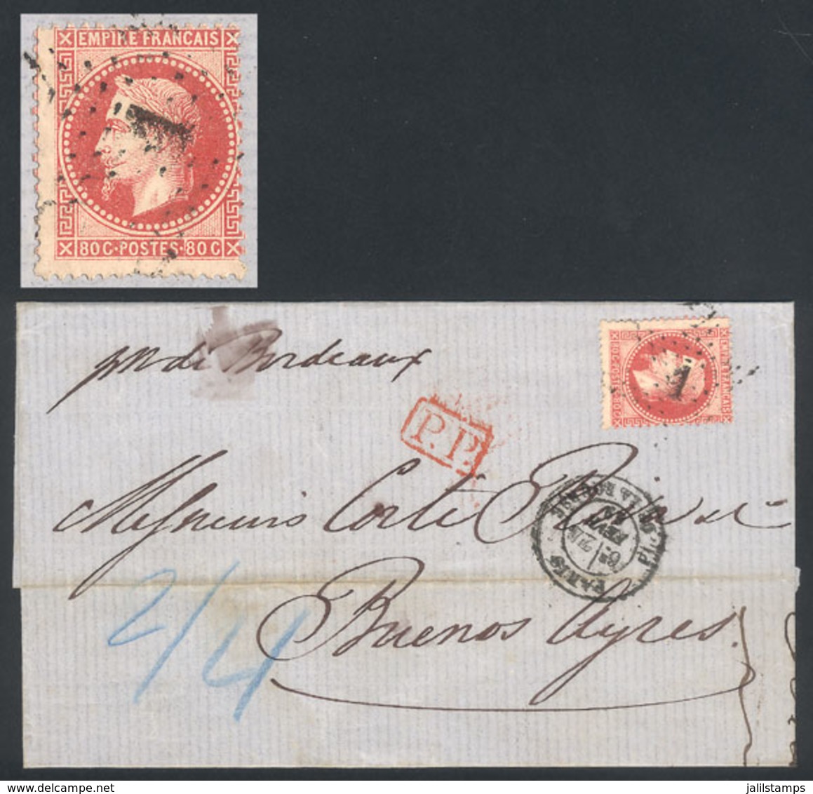 FRANCE: "23/FE/1869 PARIS - Buenos Aires: Folded Cover Franked By Yv.32 (Napoleon 80c. Rose) With Numeral "1" Cancel, Al - Autres & Non Classés