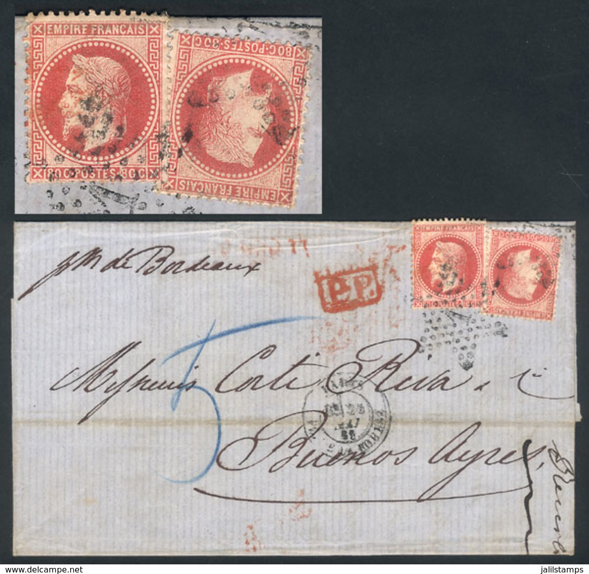 FRANCE: "22/MAY/1869 PARIS - Buenos Aires: Folded Cover Franked By Yvert 32 X2 With "1 Inside Dotted Star" Cancel, Along - Otros & Sin Clasificación