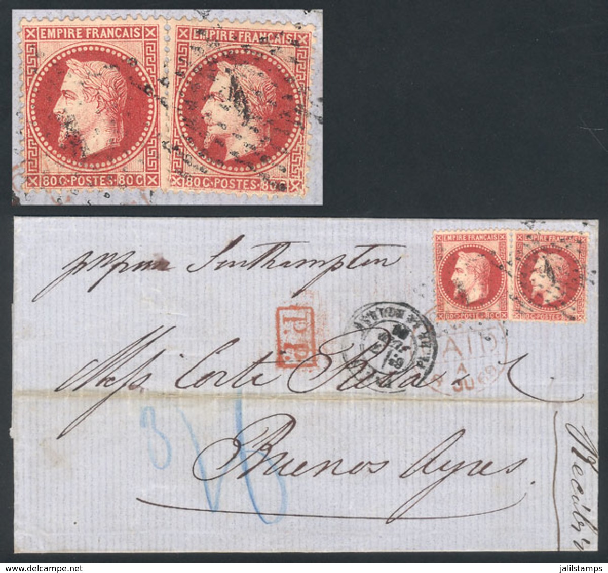 FRANCE: "7/JUN/1869 PARIS - Buenos Aires, Via England: Folded Cover Franked By Yv.32 X2 (Fr.1.60) With "dotted Star" Can - Otros & Sin Clasificación