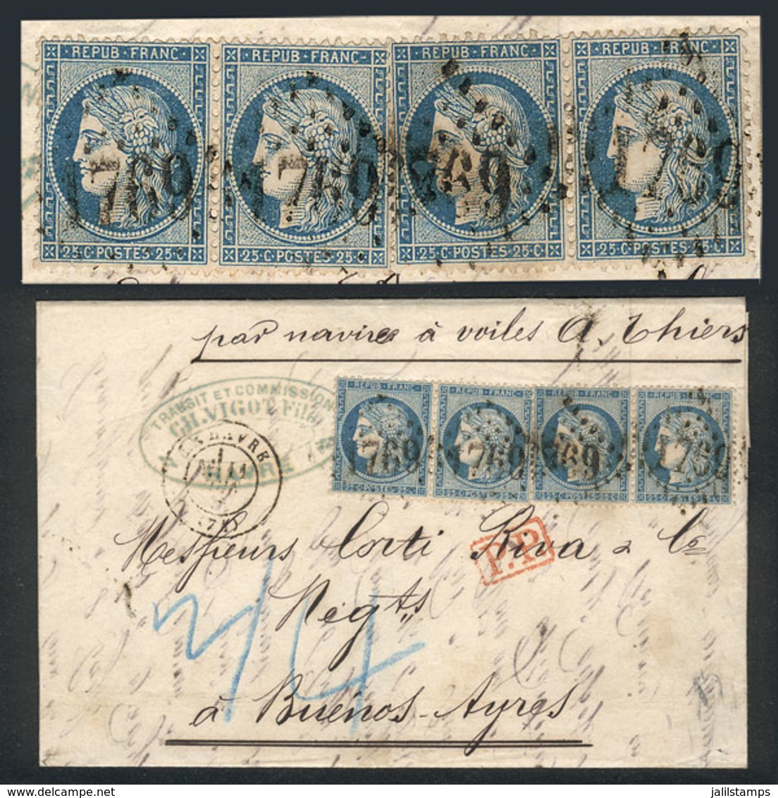 FRANCE: "11/JUN/1872 LE HAVRE - Buenos Aires: Entire Letter (endorsed "par Navire A Voiles A. Thiers") Franked By Yvert  - Andere & Zonder Classificatie