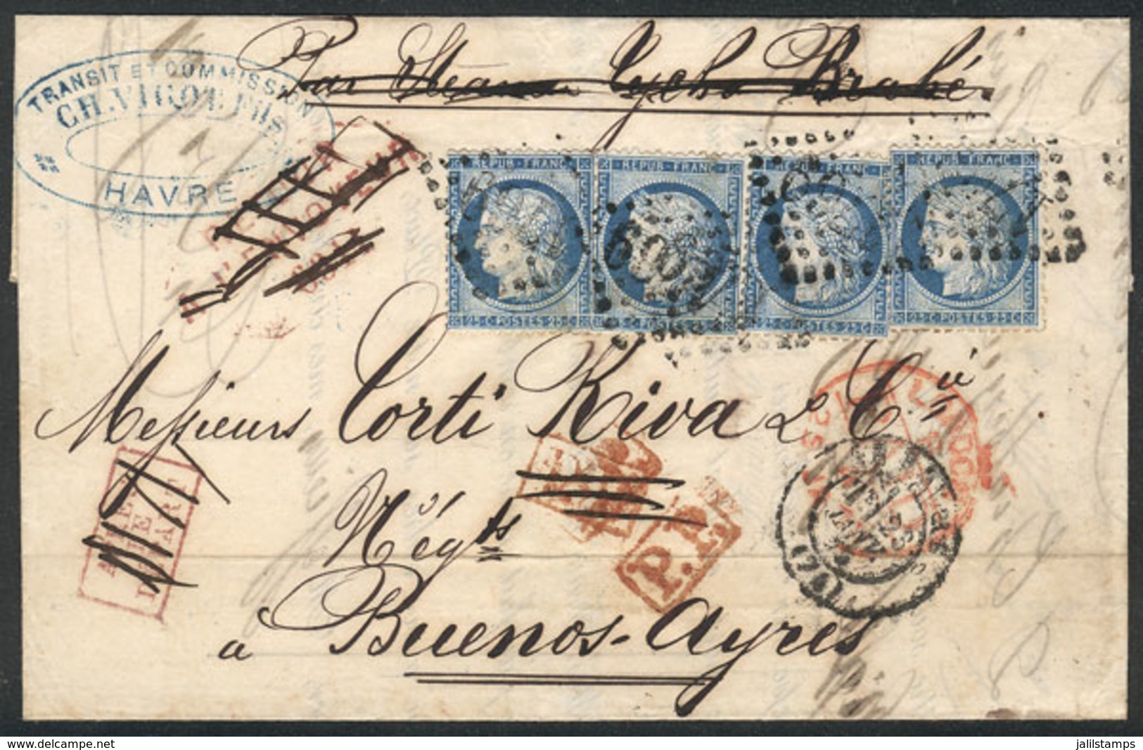 FRANCE: "VERY INTERESTING LETTER: Entire Letter Sent From LE HAVRE To Buenos Aires On 22/JA/1875, Franked By Yvert 60C X - Autres & Non Classés