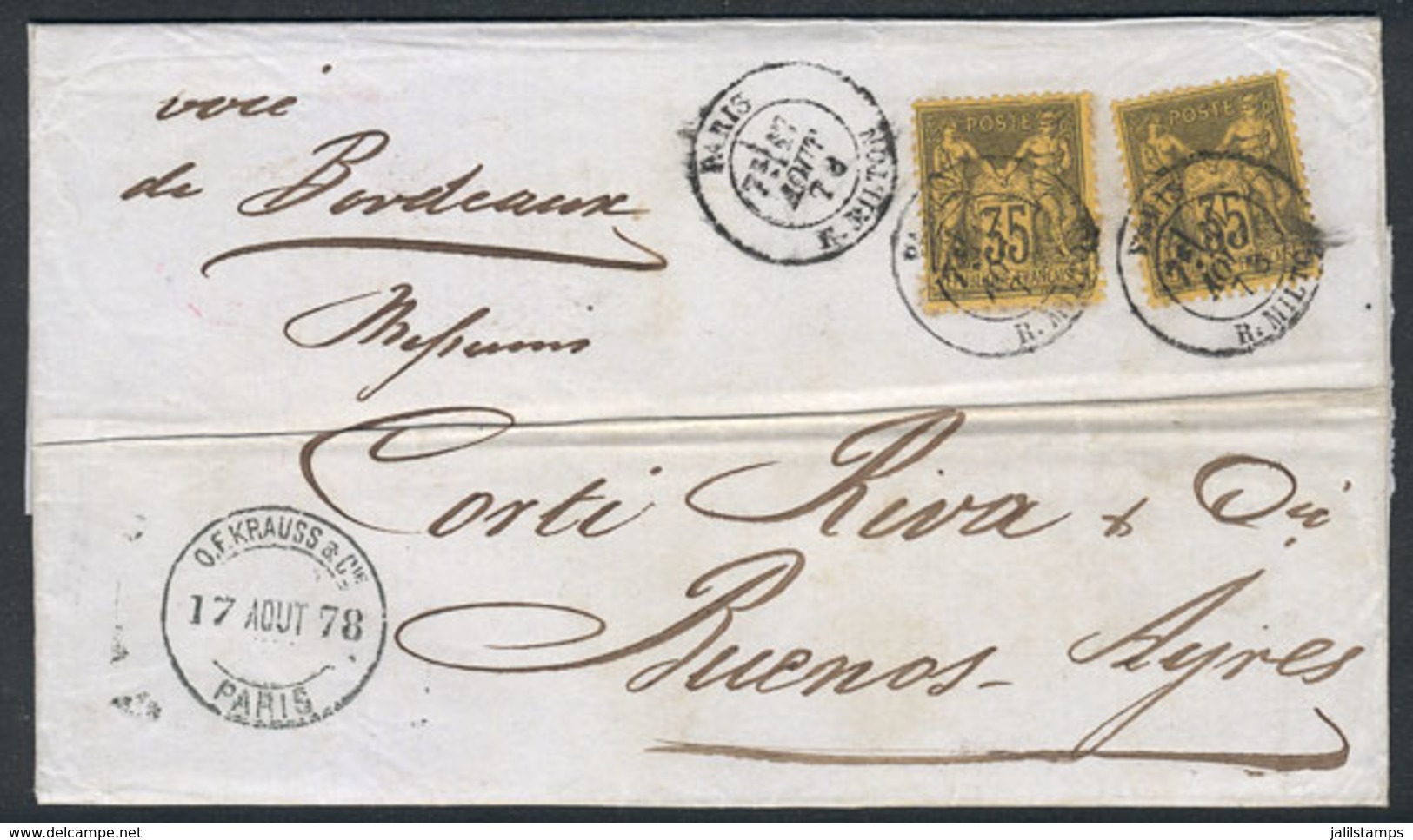 FRANCE: 17/AU/1878 PARIS - Buenos Aires: Entire Letter Franked By Yvert 93 X2, With Buenos Aires Arrival Backstamp, Very - Autres & Non Classés