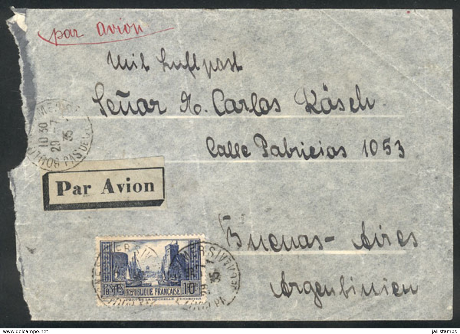 FRANCE: "Airmail Cover Sent From Boulogne Sur Mer To Argentina 29/JUL/1935 Franked With 10Fr. "Port De La Rochelle"" - Otros & Sin Clasificación