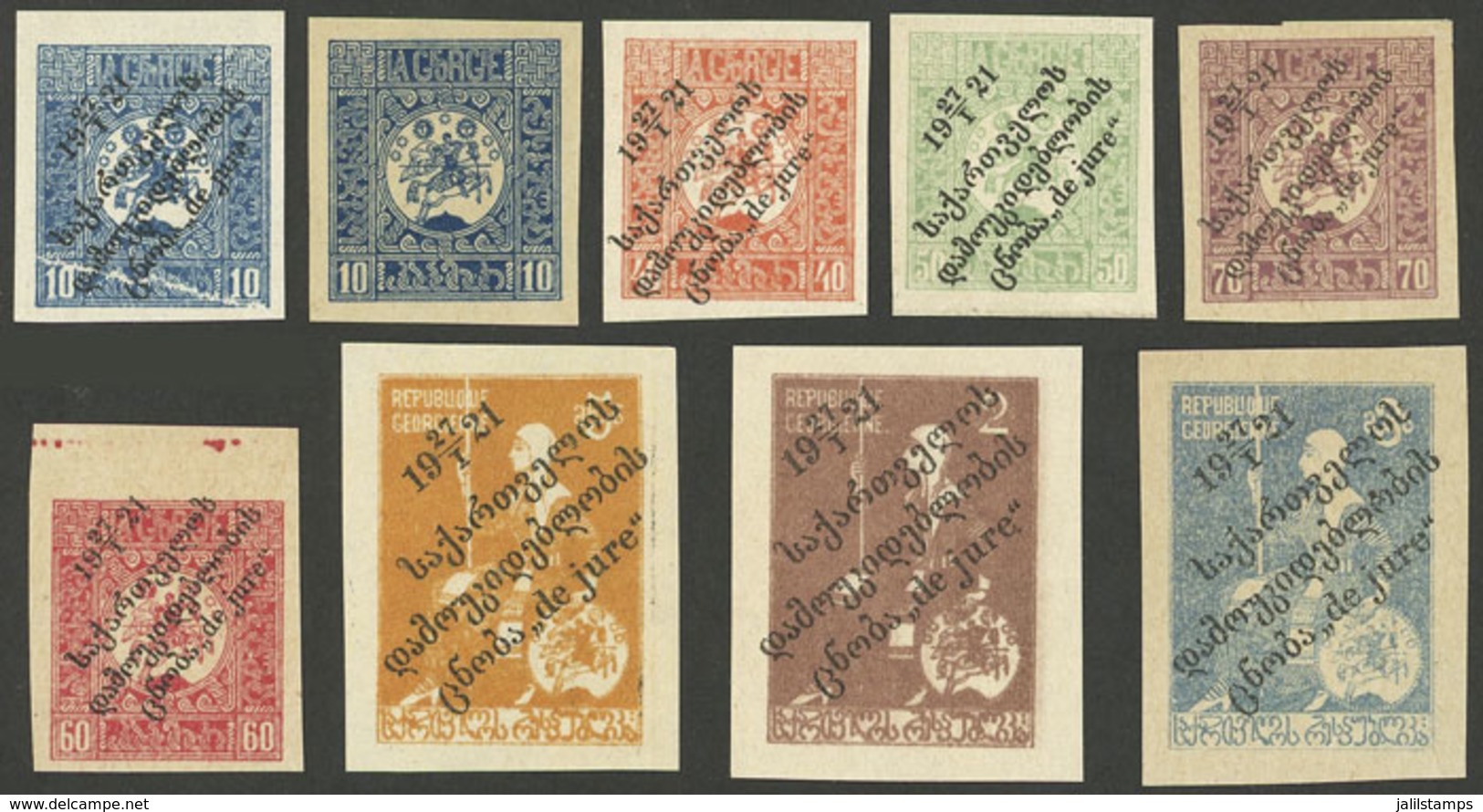 GEORGIA: "Set Of 7 Imperforate Values With Overprint For Independence, Mint Without Gum. The 10k. Blue With VARIETY: "Di - Georgia