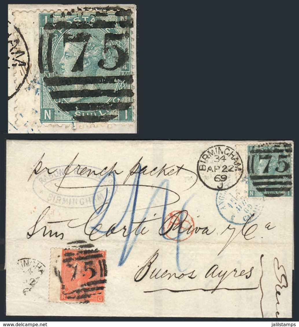 GREAT BRITAIN: "22/AP/1869 BIRMINGHAM - Buenos Aires: Folded Cover (endorsed "per French Packet") Franked By Sc.43 + 54  - ...-1840 Precursores