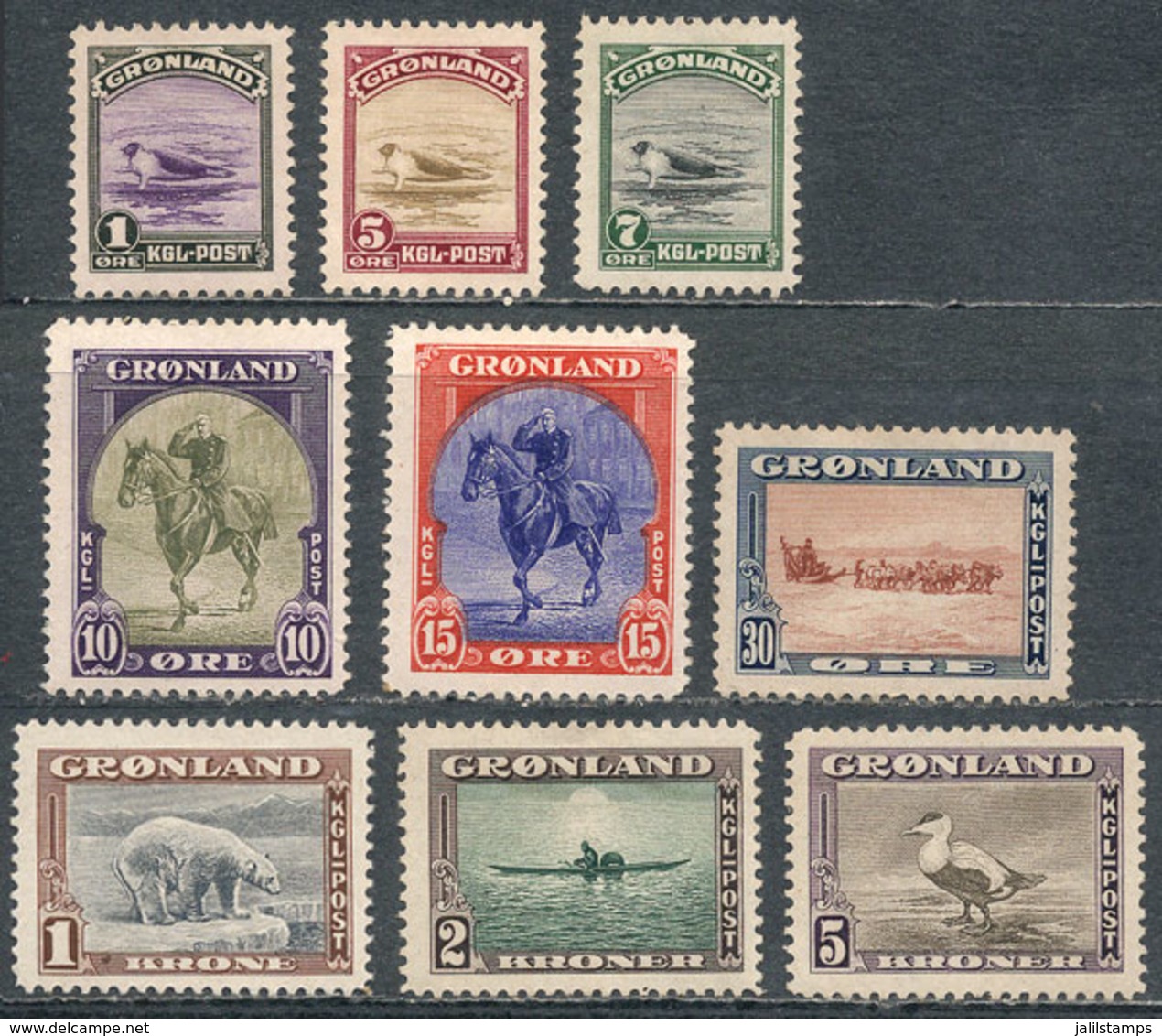 GREENLAND: Yvert 10/18, 1945 Animals, Horses, Dogs, Etc., Cmpl. Set Of 9 Unused Values, Aged Gum (dark), Good Fronts, Ca - Other & Unclassified