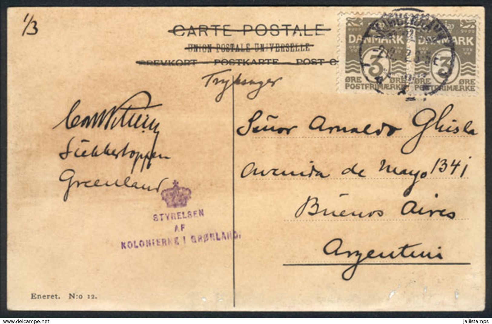 GREENLAND: "PC Sent From GREENLAND To Argentina On 2/DE/1912. As There Was No Post Office, It Received A Violet Handstma - Andere & Zonder Classificatie
