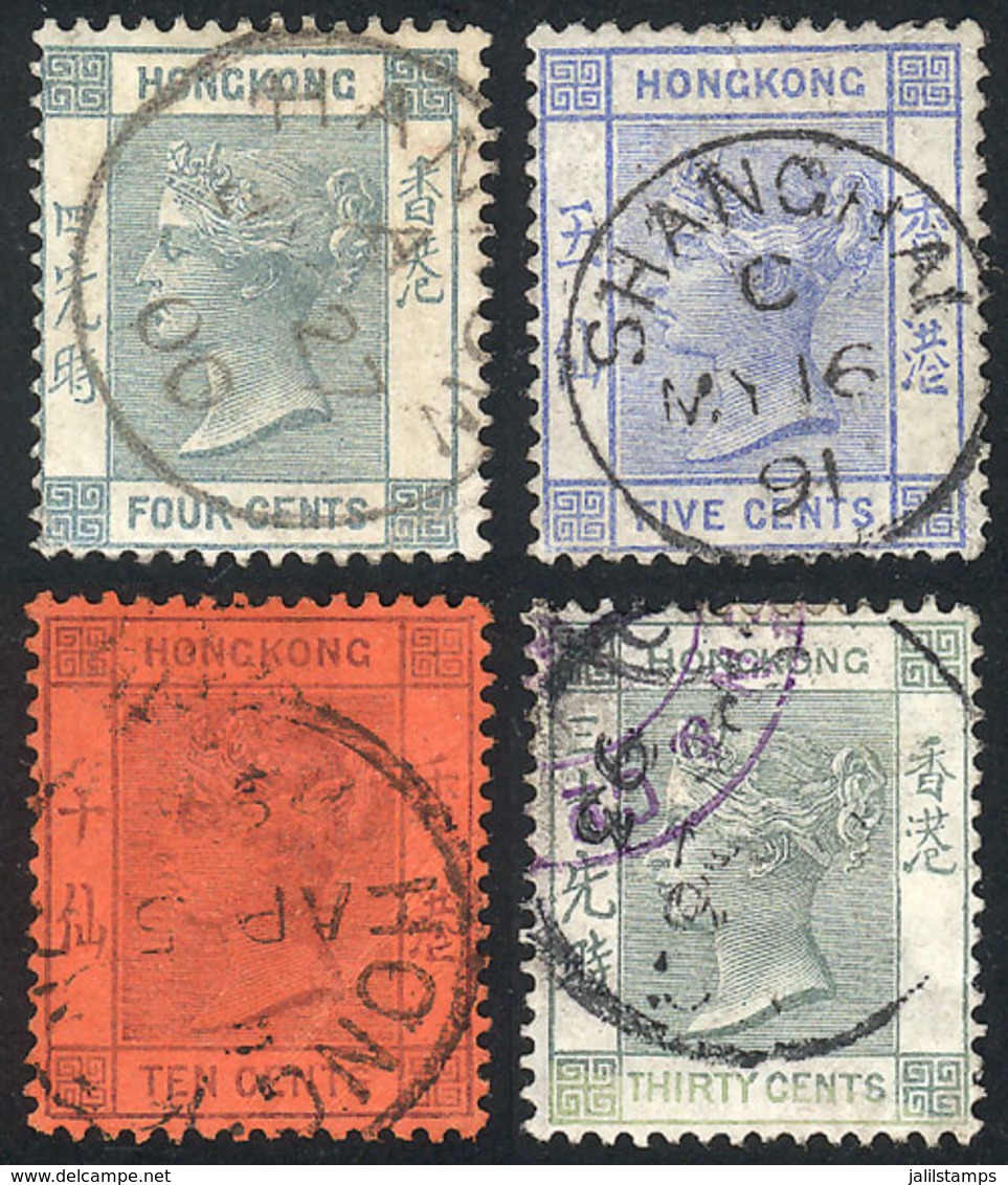 HONG KONG: Sc.38 + Other Values, 4 Used Stamps With Interesting Cancels, Several Of Mainland China! - Other & Unclassified