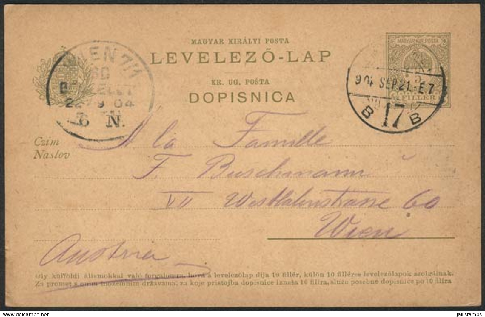 HUNGARY: 5f. Postal Card Sent To Wien On 21/SE/1904, VF Quality! - Andere & Zonder Classificatie