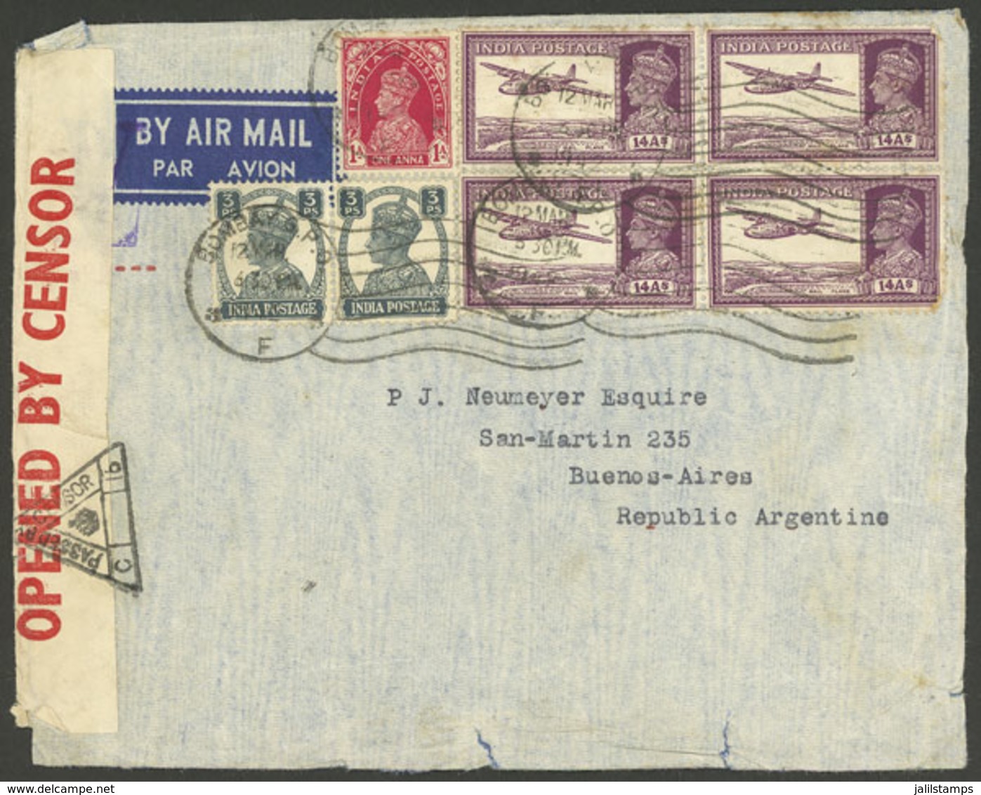 INDIA: Airmail Cover Sent From Bombay To Argentina On 12/MAR/1942, Nice Postage, Censored, With Opening Defects But Inte - Otros & Sin Clasificación