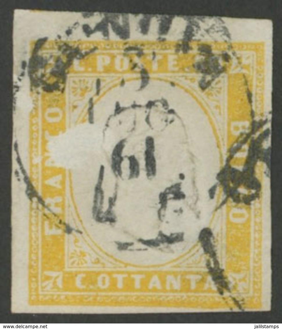 ITALY: "Sc.14a, 1855/63 80c. Yellow With VARIETY: "Partially Unprinted At Left Of The Head", Used, VF Quality, Very Inte - Sardinië
