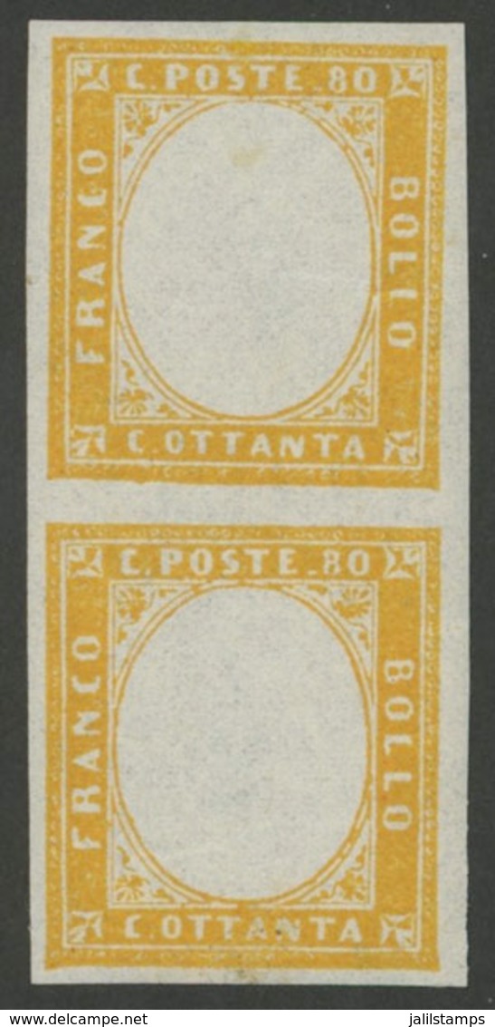 ITALY: "Sc.14, Vertical Pair With VARIETY: "embossed Effigy Omitted", Mint Original Gum, VF Quality, With Certificate An - Sardinië