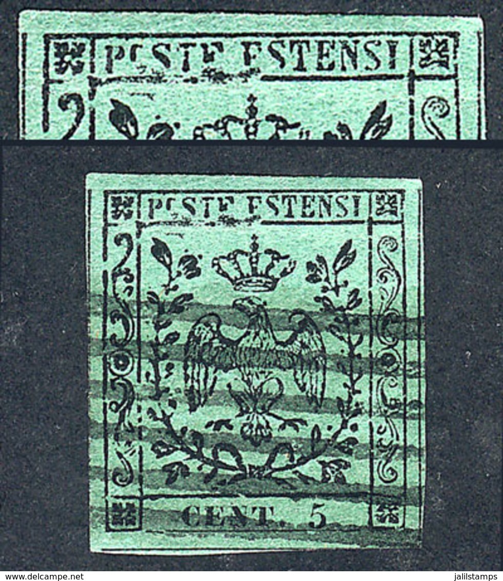 ITALY: "Sc.1, 1852/7 5c. Black On Green With VARIETY: "Retouch On POSTE ESTENSI And The Line Below Those Letters", Excel - Modena