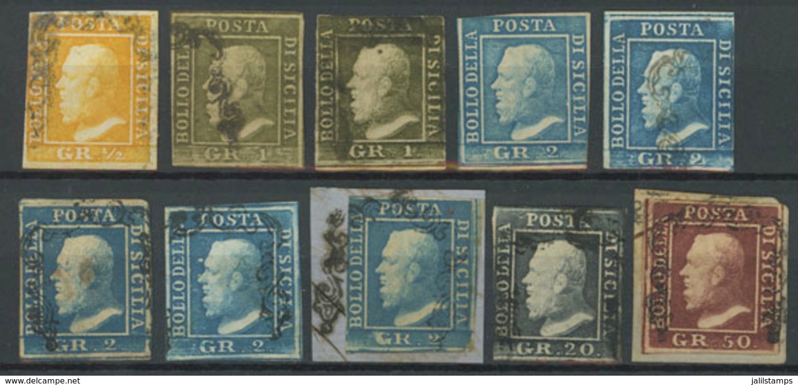 ITALY: Stockcard With 10 Examples Of The 1859 Issue, Including A Sc.13 Mint Original Gum, And A Sc.18 (50Gr.) Used On Fr - Sicilia