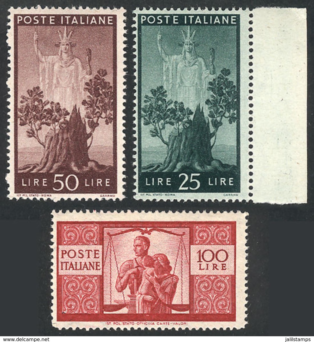 ITALY: Yvert 500 + 502/3, 1945/8 Democratica 25L., 50L. And 100L., High Values Of The Set, MNH, Excellent Quality, Catal - Zonder Classificatie