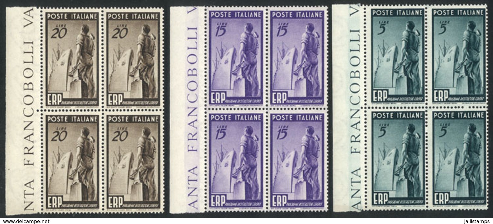 ITALY: Yvert 539/541, 1949 Reconstruction Of Europe, Cmpl. Set Of 3 Values In MNH Blocks Of 4 With Sheet Margins, Impecc - Zonder Classificatie