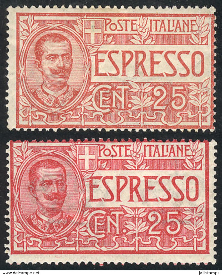 ITALY: Yvert 1, 1903 25c., 2 Examples In VERY DIFFERENT SHADES: Red And Rose Red, VF Quality! - Otros & Sin Clasificación