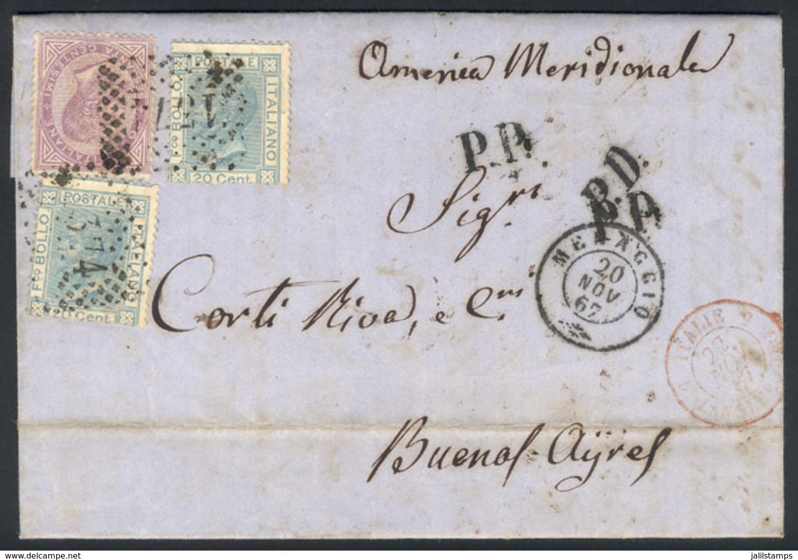 ITALY: 20/NO/1867 MENAGGIO - Argentina: Entire Letter Franked By Sc.32 + 35 X2 (Sa.21 + 26 X2), To Buenos Aires, Excelle - Otros & Sin Clasificación