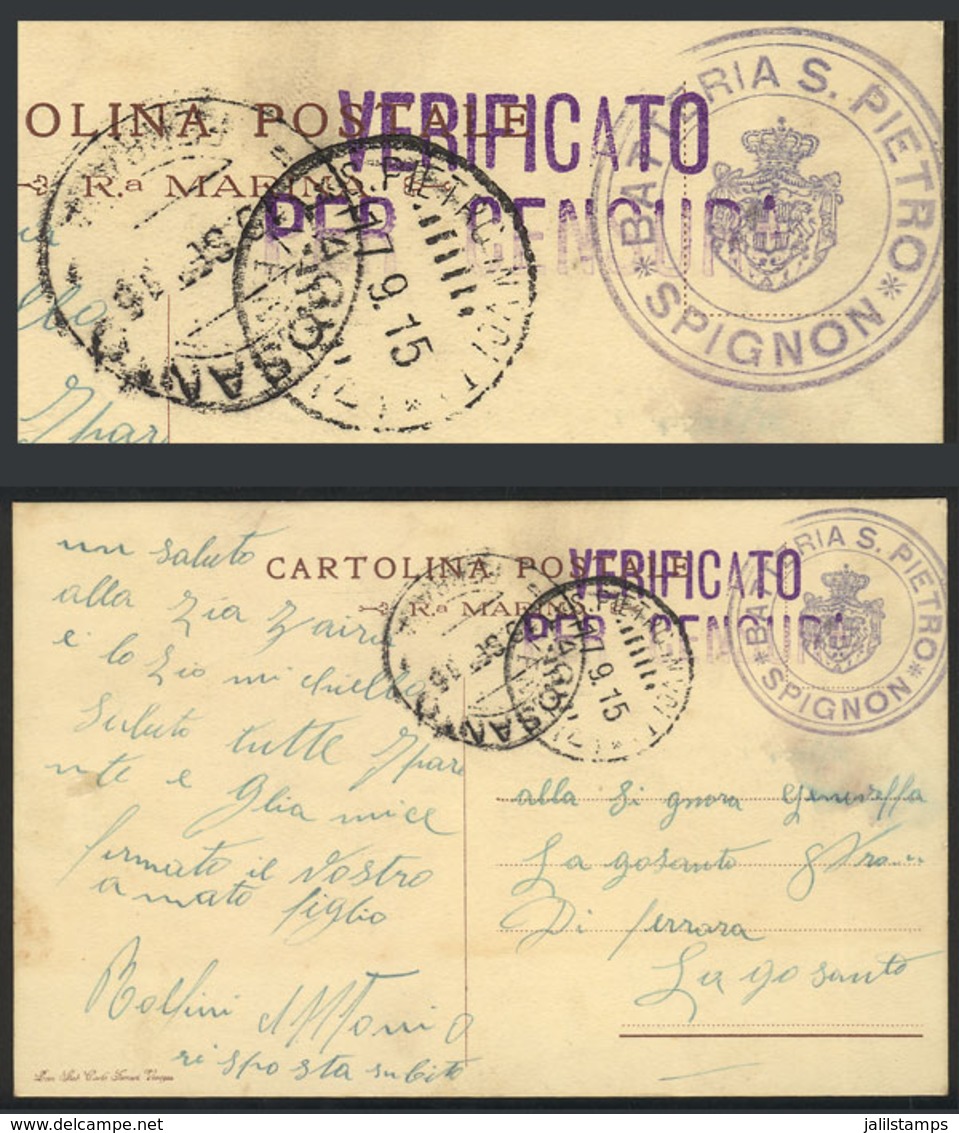 ITALY: "Card Sent To Lagosanto On 17/SE/1915, With Free Frank, From "BATTERIA S. PIETRO - SPIGNON", Censored, With Trans - Otros & Sin Clasificación