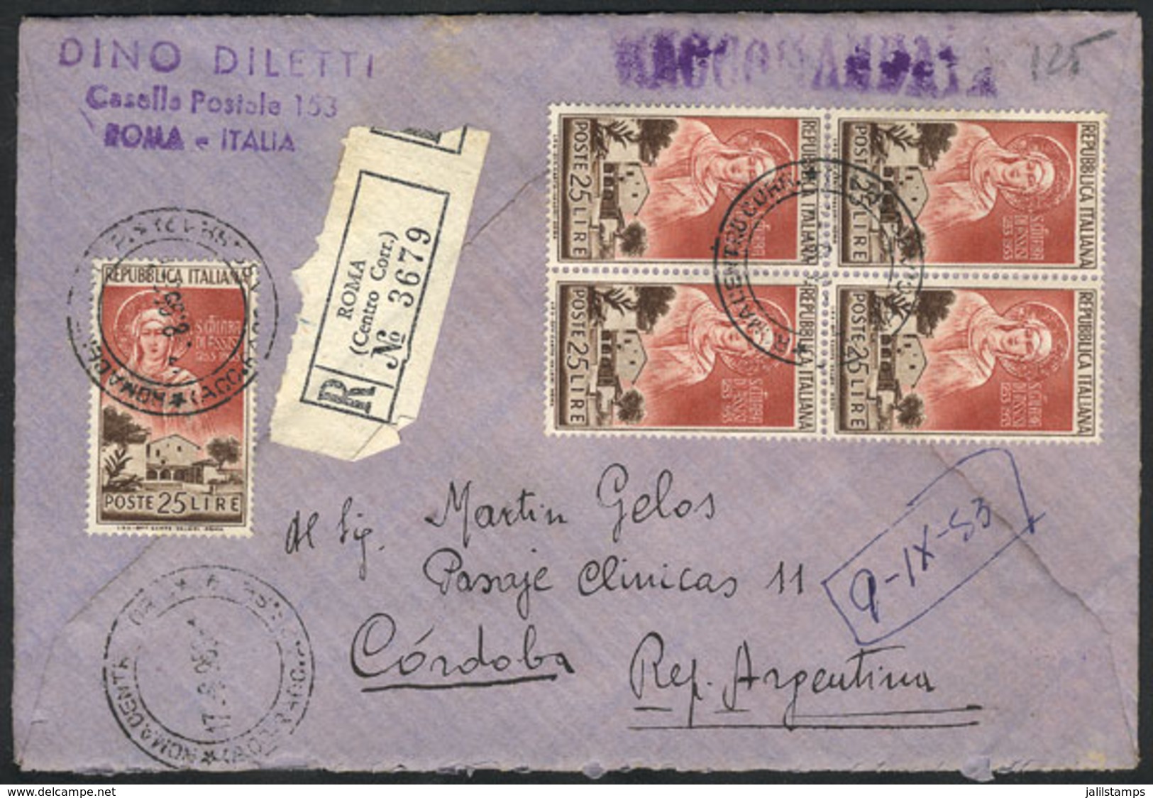 ITALY: Registered Cover Sent From Roma To Argentina On 8/SE/1953 Franked By Sassone 719 X5 (including A Block Of 4!), To - Otros & Sin Clasificación