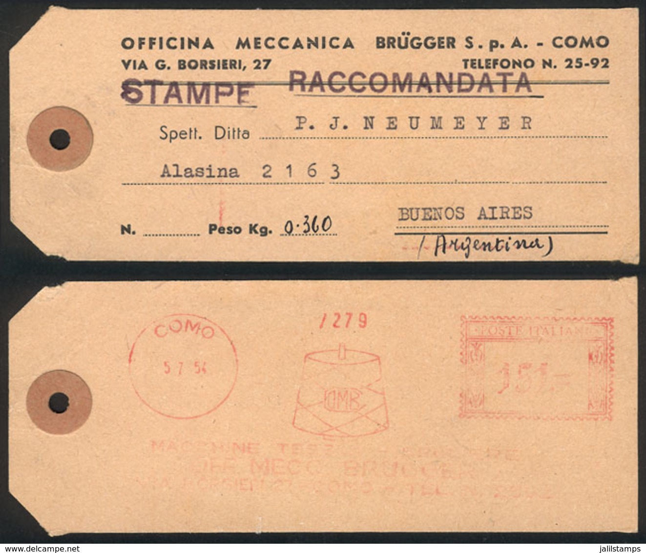 ITALY: Label Tag Of A Parcel Post Sent From Como To Argentina On 5/JUL/1954 With Meter Postage For 151L., VF Quality! - Other & Unclassified