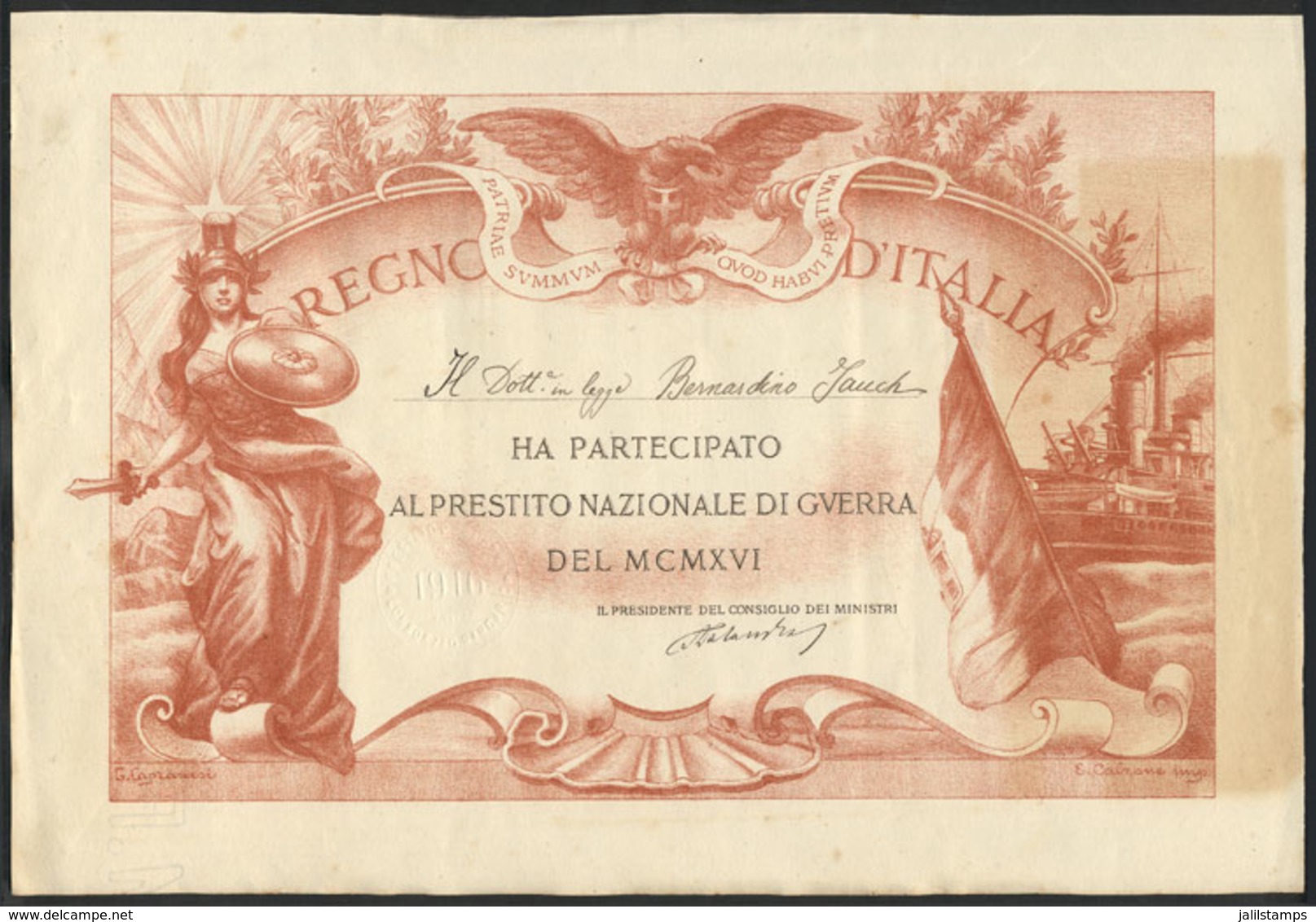 ITALY: Certificate Of The Year 1916 Of The National War Loan, Interesting! - A Identifier