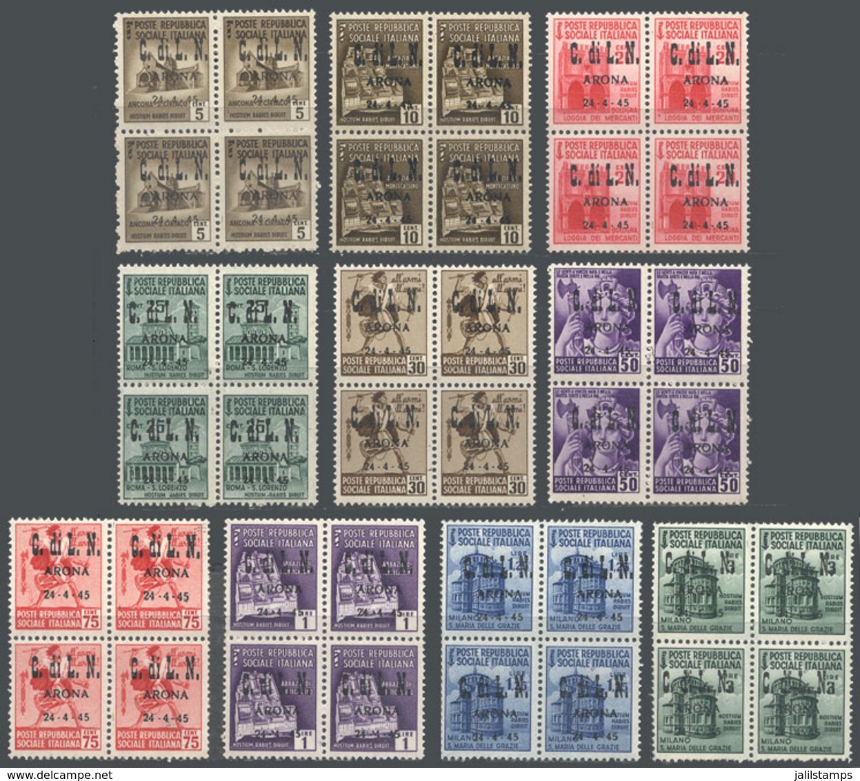 ITALY - LOCAL STAMPS: Sassone 1/10, 1945 Complete Set Of 10 Values In MNH Blocks Of 4, Excellent Quality, Catalog Value  - Sin Clasificación