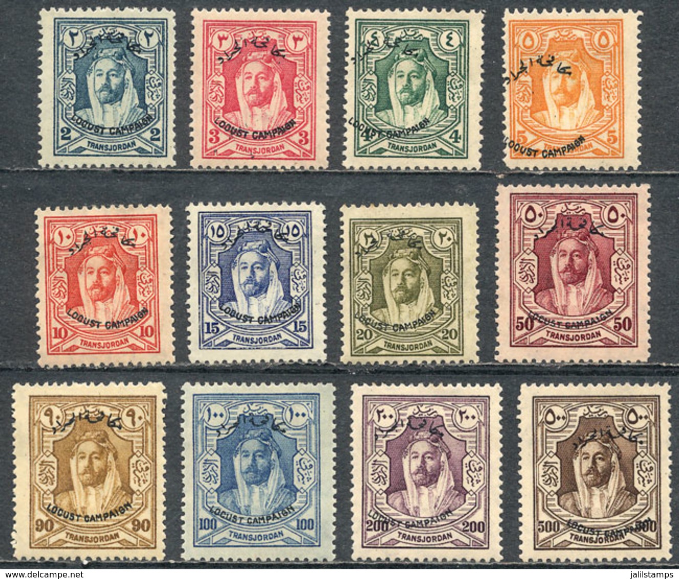 JORDAN: Sc.B1/B12, 1930 Locust, Cmpl. Set Of 12 Values With Overprint, Mint Lightly Hinged, Fine Quality, Catalog Value  - Jordanië