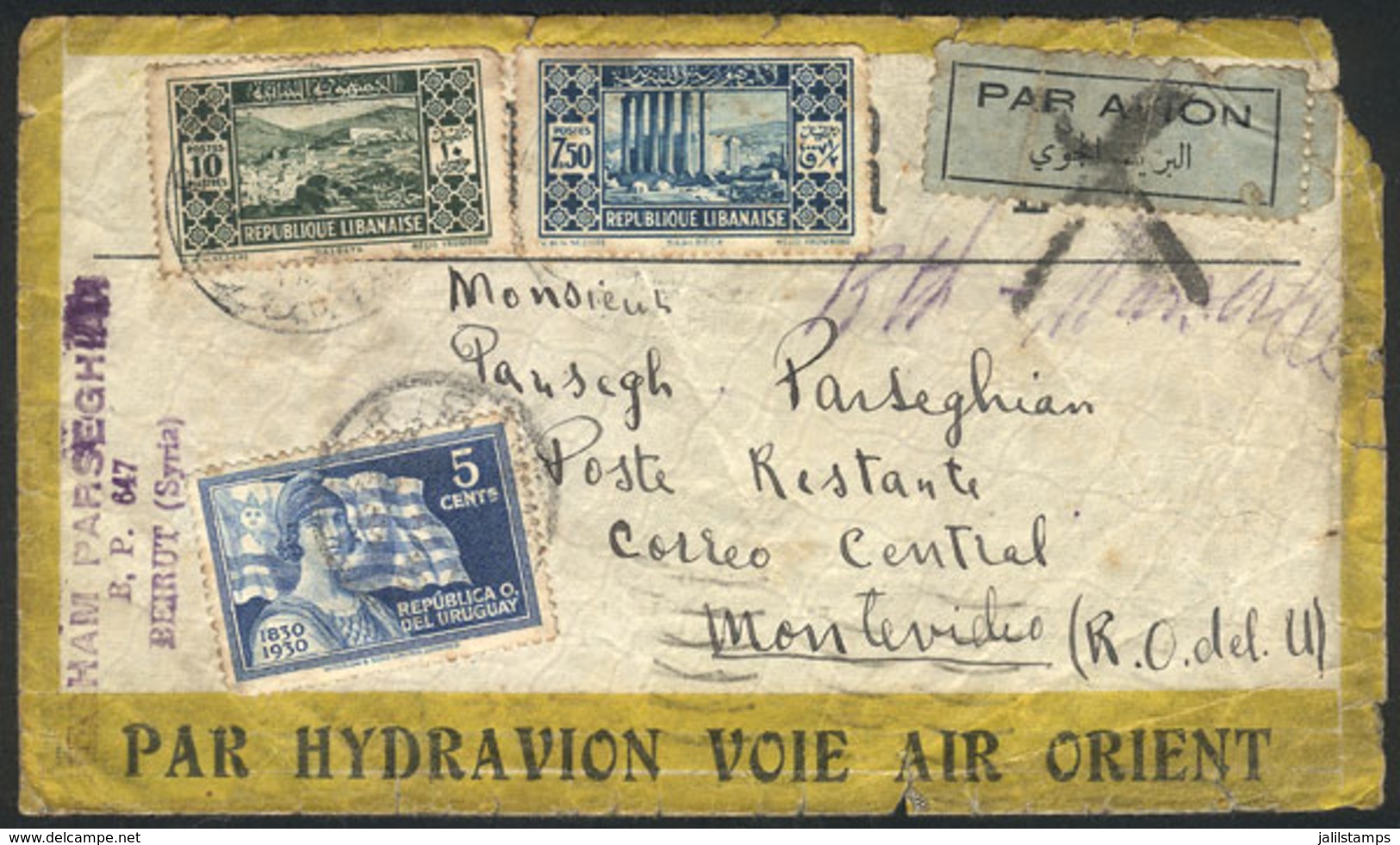 LEBANON: Airmail Cover Sent From Beirut To URUGUAY In 1930 (rare Destination), Franked With 17.50pi., To A Poste Restant - Libanon