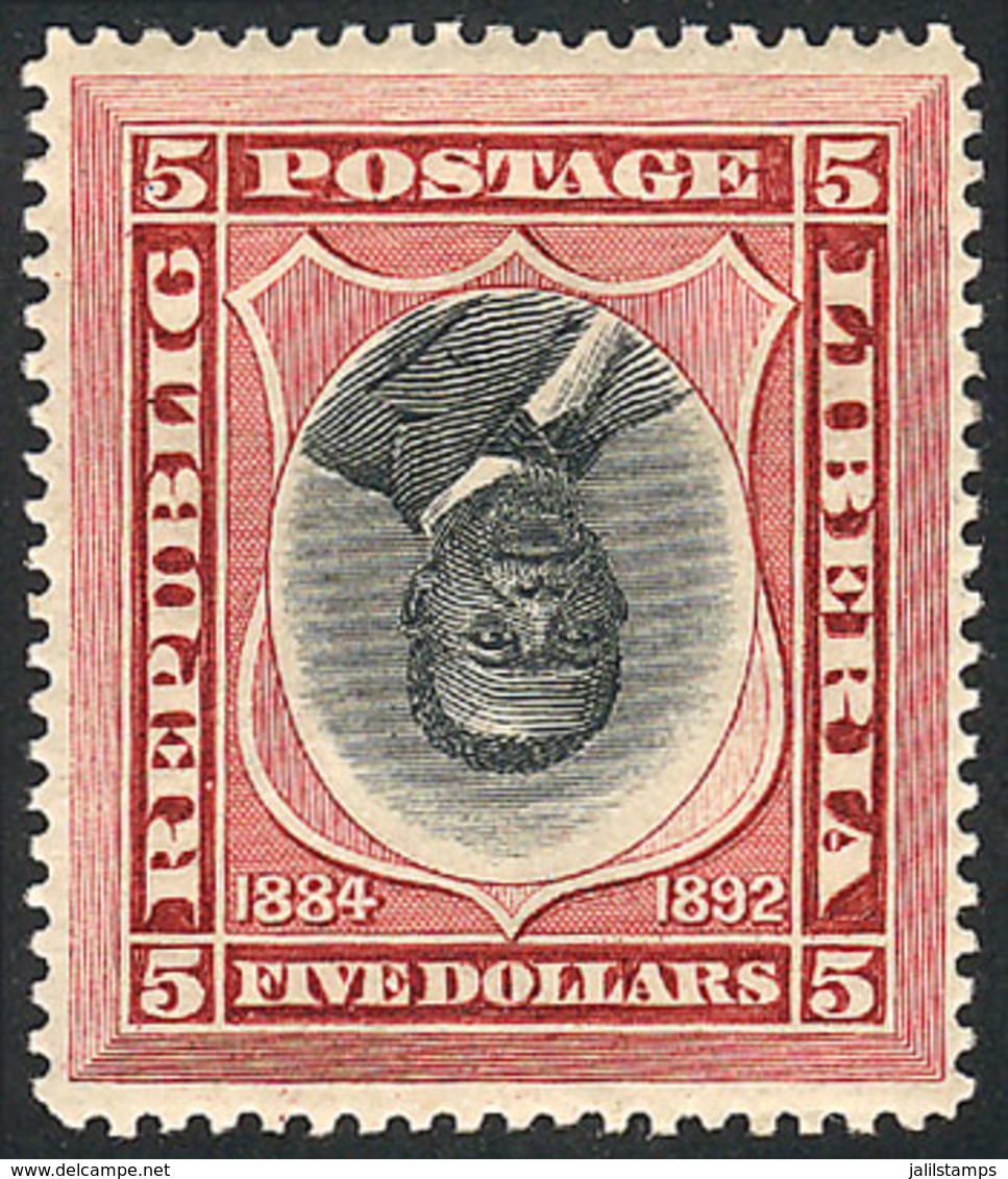 LIBERIA: Sc.49a, 1892/6 $5 With CENTER INVERTED Variety, Mint Lightly Hinged, Excellent Quality, Rare! - Liberia