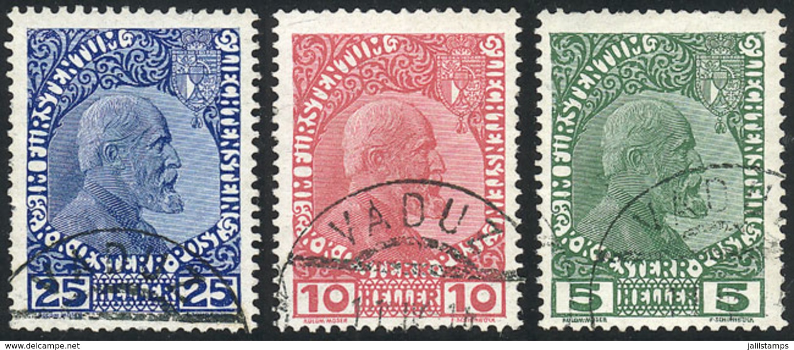 LIECHTENSTEIN: Sc.1/3, 1912 Cmpl. Set Of 3 Used Values, Printed On Thick Chalky Paper, VF Quality! - Otros & Sin Clasificación