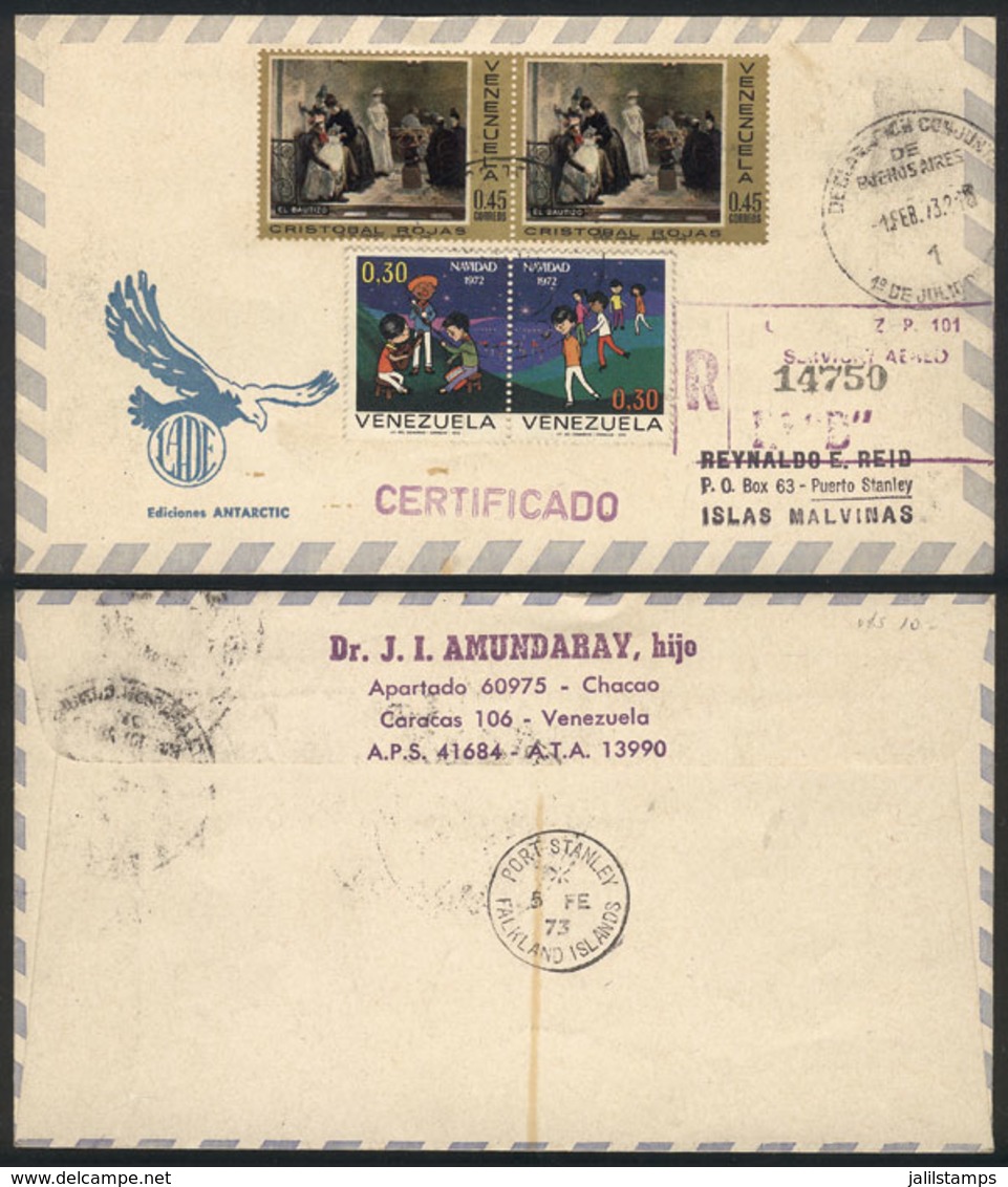 FALKLAND ISLANDS/MALVINAS: "Registered Airmail Cover Sent From Venezuela To Port Stanley, With "Declaración Conjunta" Ma - Islas Malvinas