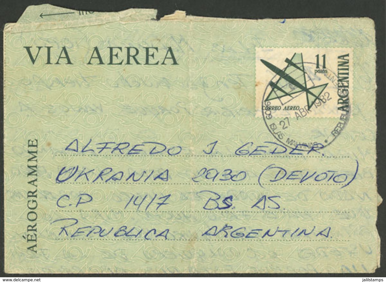 FALKLAND ISLANDS/MALVINAS: 11P. Aerogram Sent By Soldier On The Islands To His Family In Buenos Aires On 27/AP/1982, Wit - Islas Malvinas