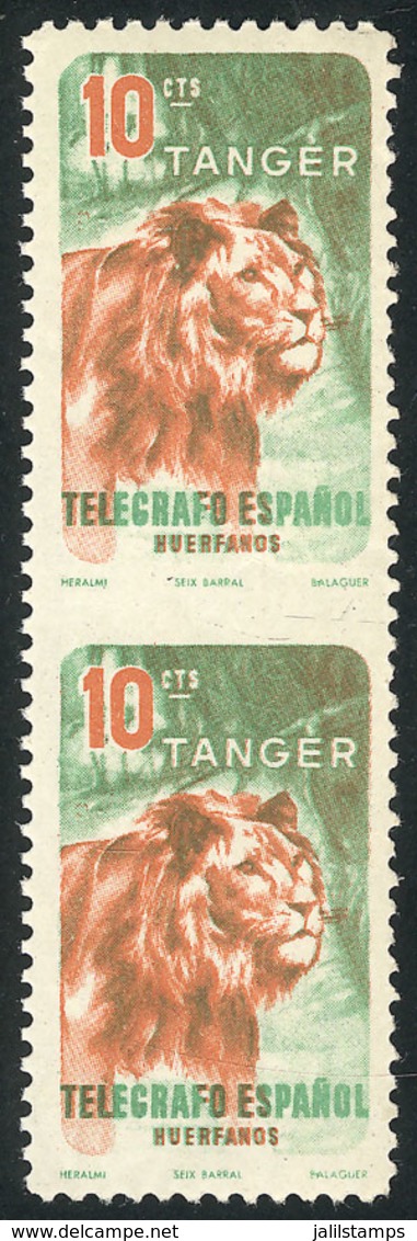 SPANISH MOROCCO: 10c. Stamp For Telegraph (lion), Pair With Variety: IMPERFORATE HORIZONTALLY, MNH, VF Quality! - Morocco (1956-...)