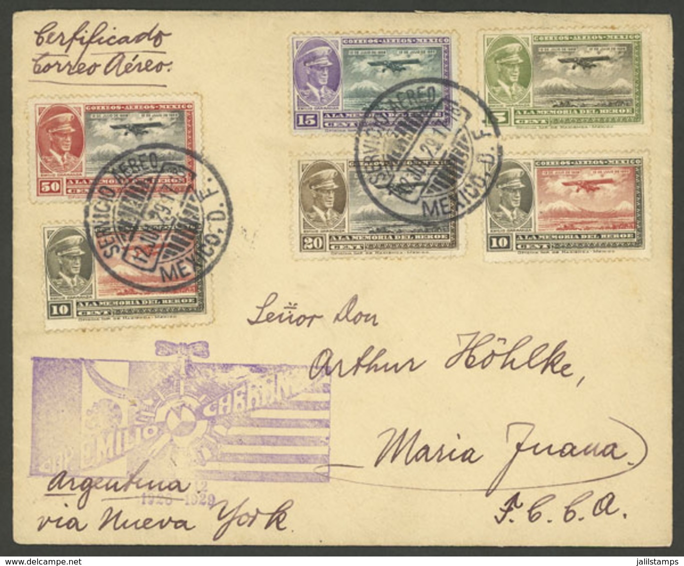 MEXICO: "12/JUL/1929 Mexico - María Juana (Argentina), Airmail Cover "via New York", With Special Violet Markings On Fro - México