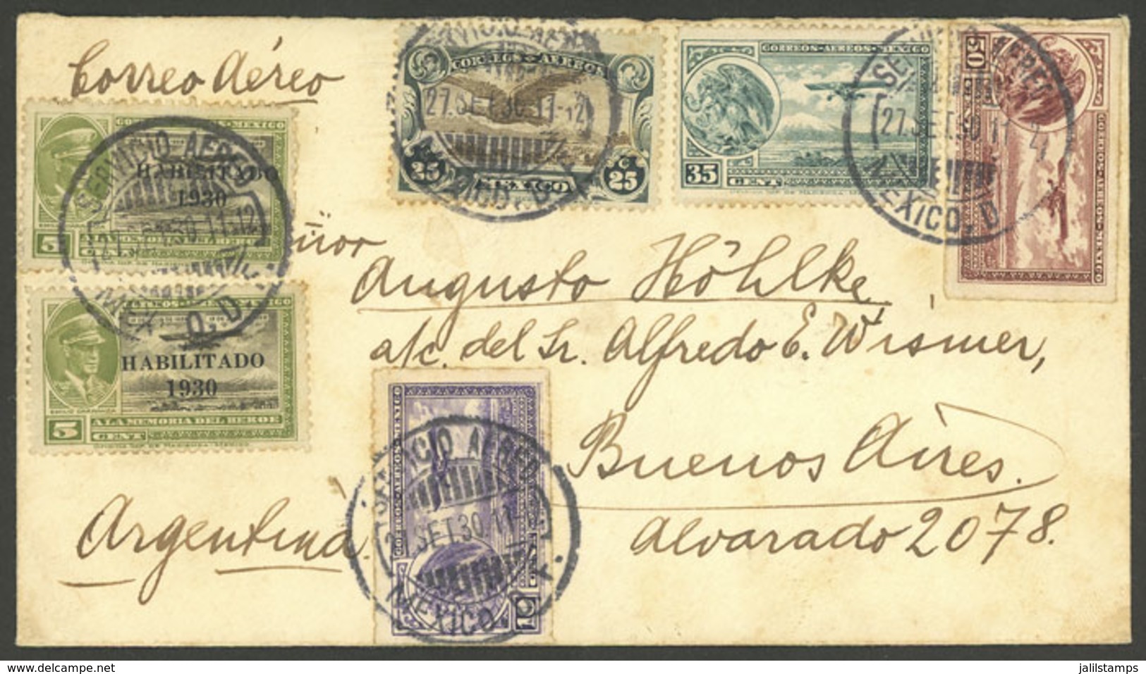 MEXICO: 27/SE/1930 Mexico - Buenos Aires, Airmail Cover With Very Nice Franking (6 Stamps In 5 Different Colors!), Back  - Mexico