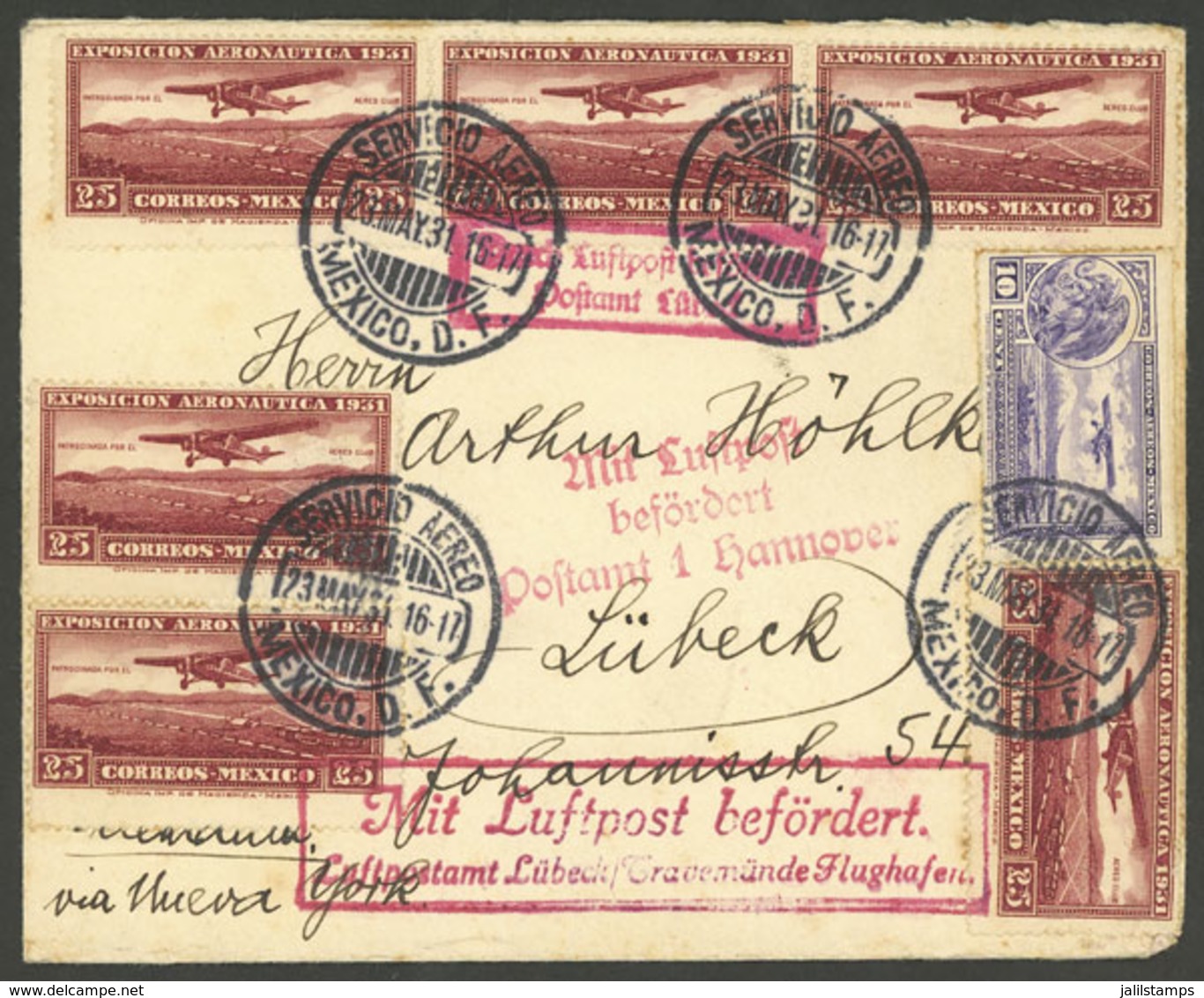 MEXICO: 23/MAY/1931 México - Germany, Airmail Cover With Very Nice Postage And On Back Special Handstamp Of Aeronautics  - México