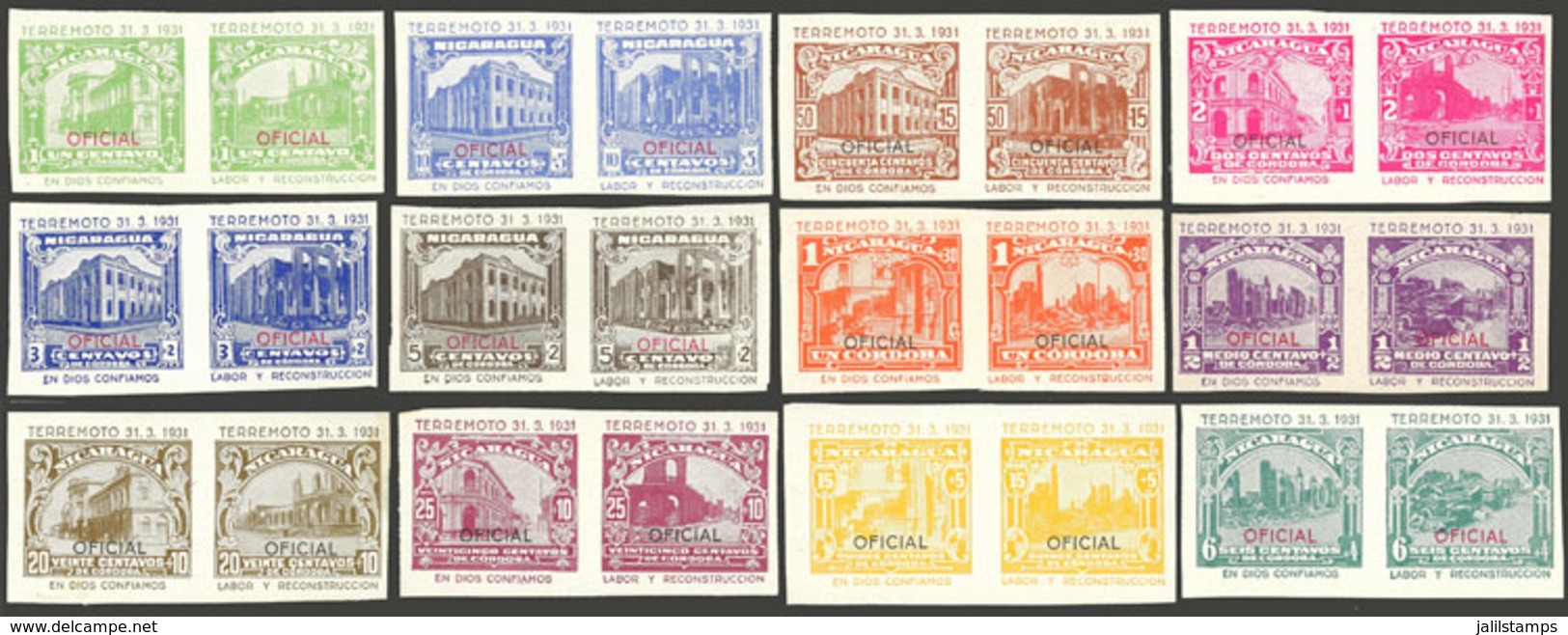 NICARAGUA: Set Of 12 Imperforate Pairs With Views Of Buildings Before And After The 1931 Earthquake, Overprinted OFICIAL - Nicaragua