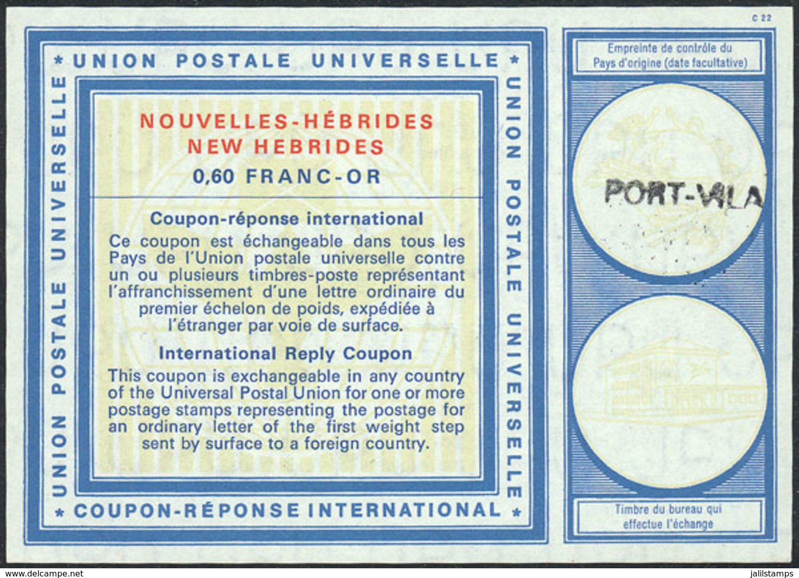 NEW HEBRIDES: Rare International Reply Coupon (circa 1973) Of 60c. Franc Or, VF Quality! - Andere & Zonder Classificatie