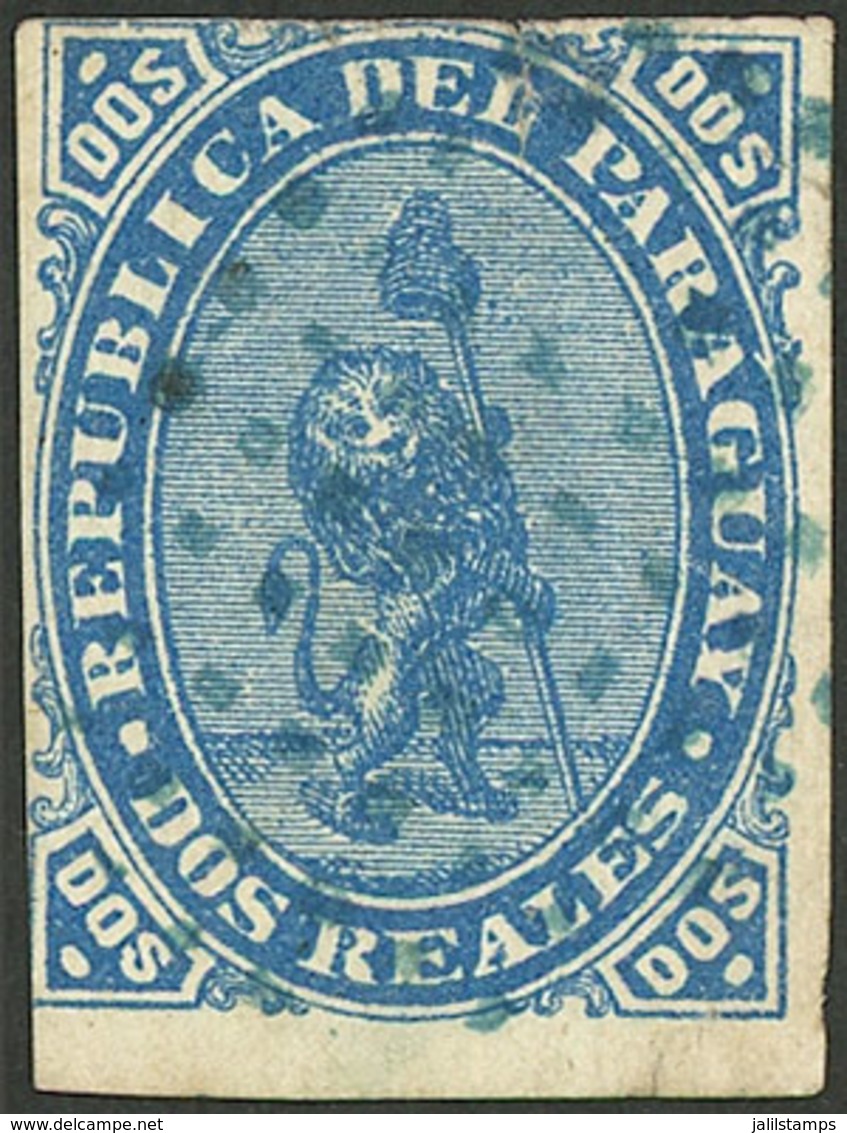 PARAGUAY: Sc.2, 1870 Lion 2R. Blue, Used With Blue Dotted Cancel, Tiny Thin On Back In The Hinge Area, Signed By Victor  - Paraguay