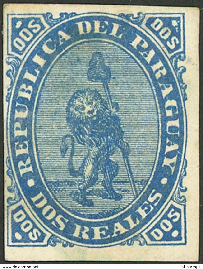 PARAGUAY: Sc.2, 1870 Lion 2R. Blue, Used With Very Light Dotted Cancel, Tiny Thin On Back, Very Nice! - Paraguay