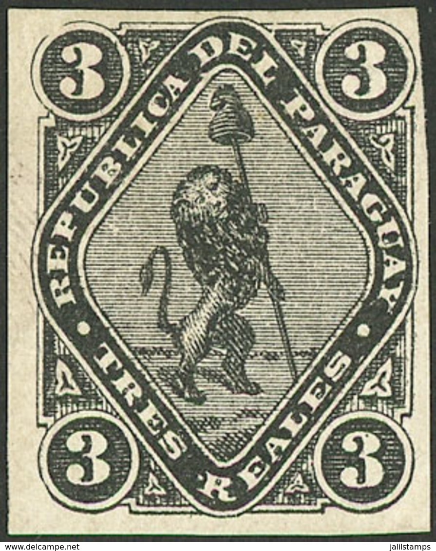 PARAGUAY: Sc.3, 1870 Lion 3R. Black, Mint Original Gum, Tiny Defect On Back, Superb Front, Rare! - Paraguay