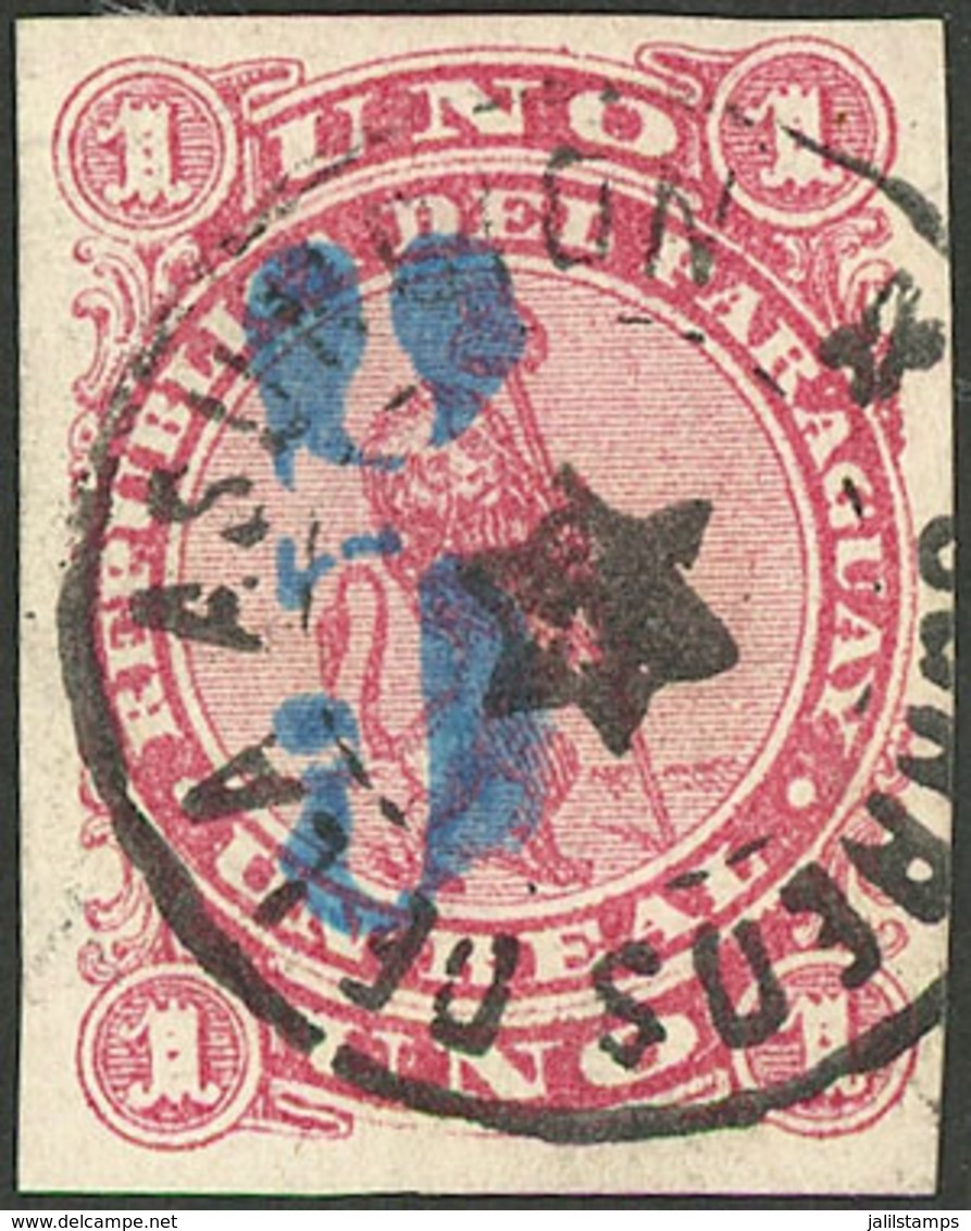 PARAGUAY: Sc.5F, 1878 5c. On 1R., Vertical Blue Overprint, Large Figure, Used, VF Quality! - Paraguay