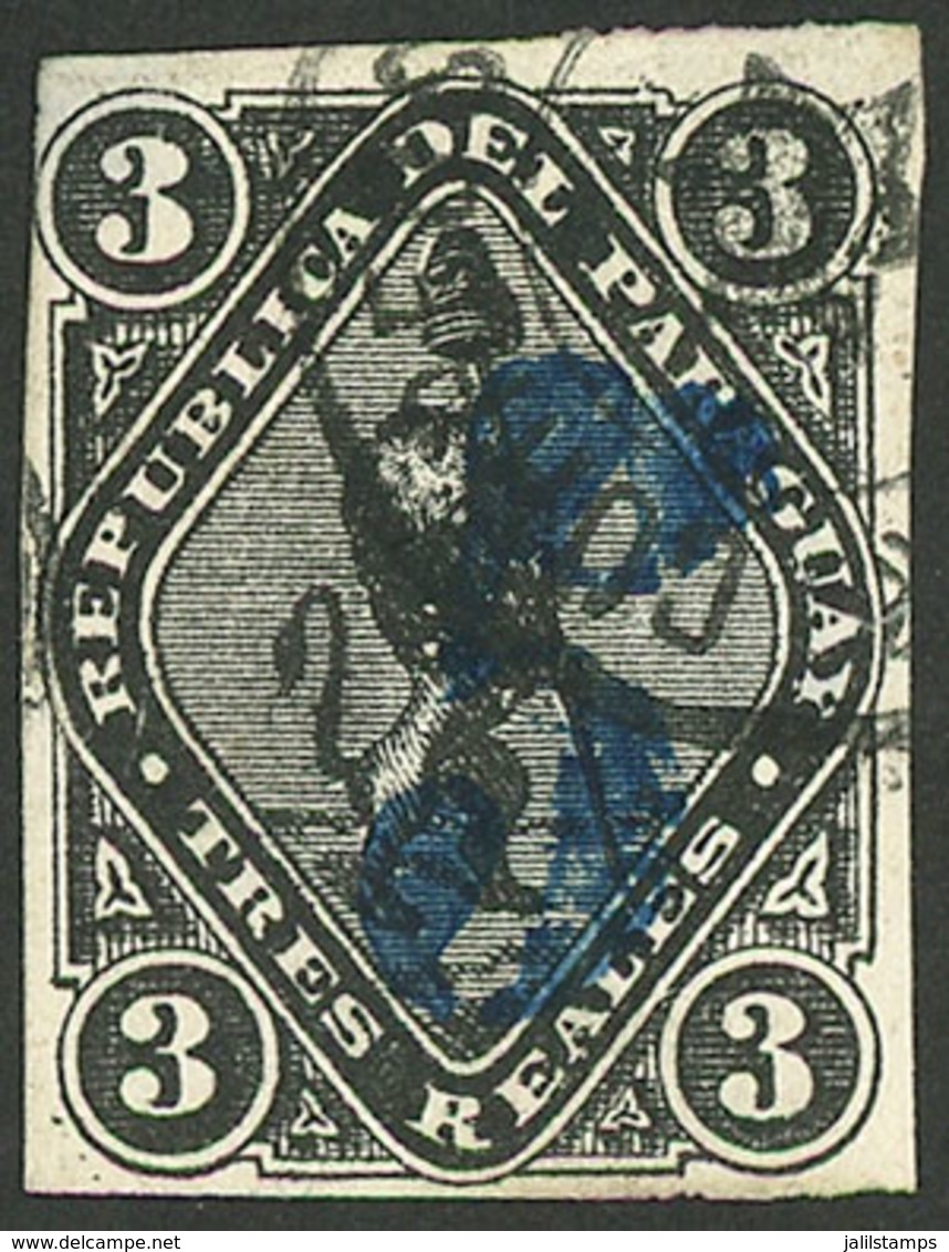 PARAGUAY: Sc.6, 1878 5c. On 3R. Black, Vertical Blue Overprint (large Figure), Used, Excellent Quality, Rare! - Paraguay