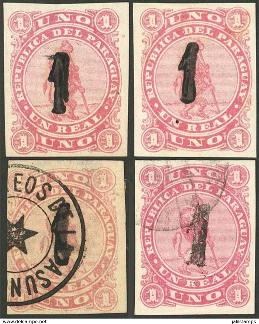 PARAGUAY: Sc.19, 1884 1c. On 1R. Rose, 2 Examples Mint With Gum And 2 Used, Very Fine Quality - Paraguay