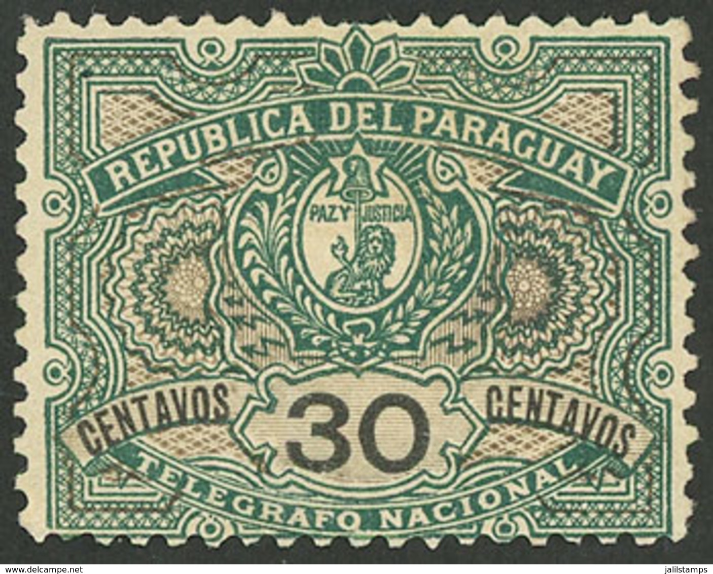 PARAGUAY: Yvert 3, 1892 30c. Green And Bistre, Mint Without Gum, VF And Rare! - Paraguay